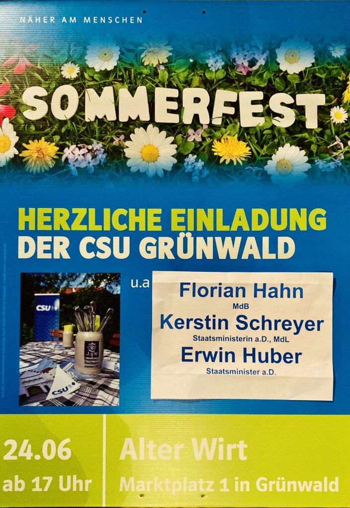 Plakat der CSU Grünwald zum Sommerfest am 24.06.23, 17 Uhr